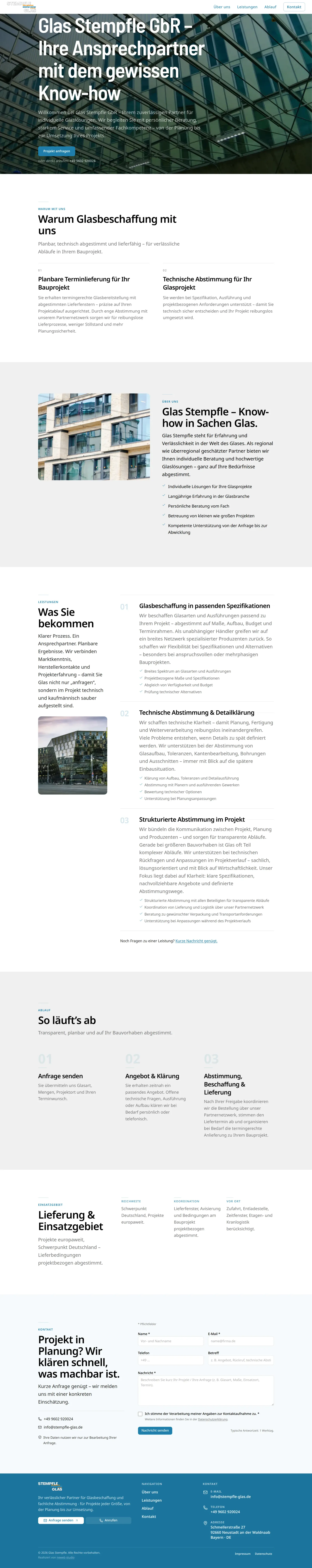 Website von Glas Stempfle GbR, komplette Startseite mit Glasfassade im Hero