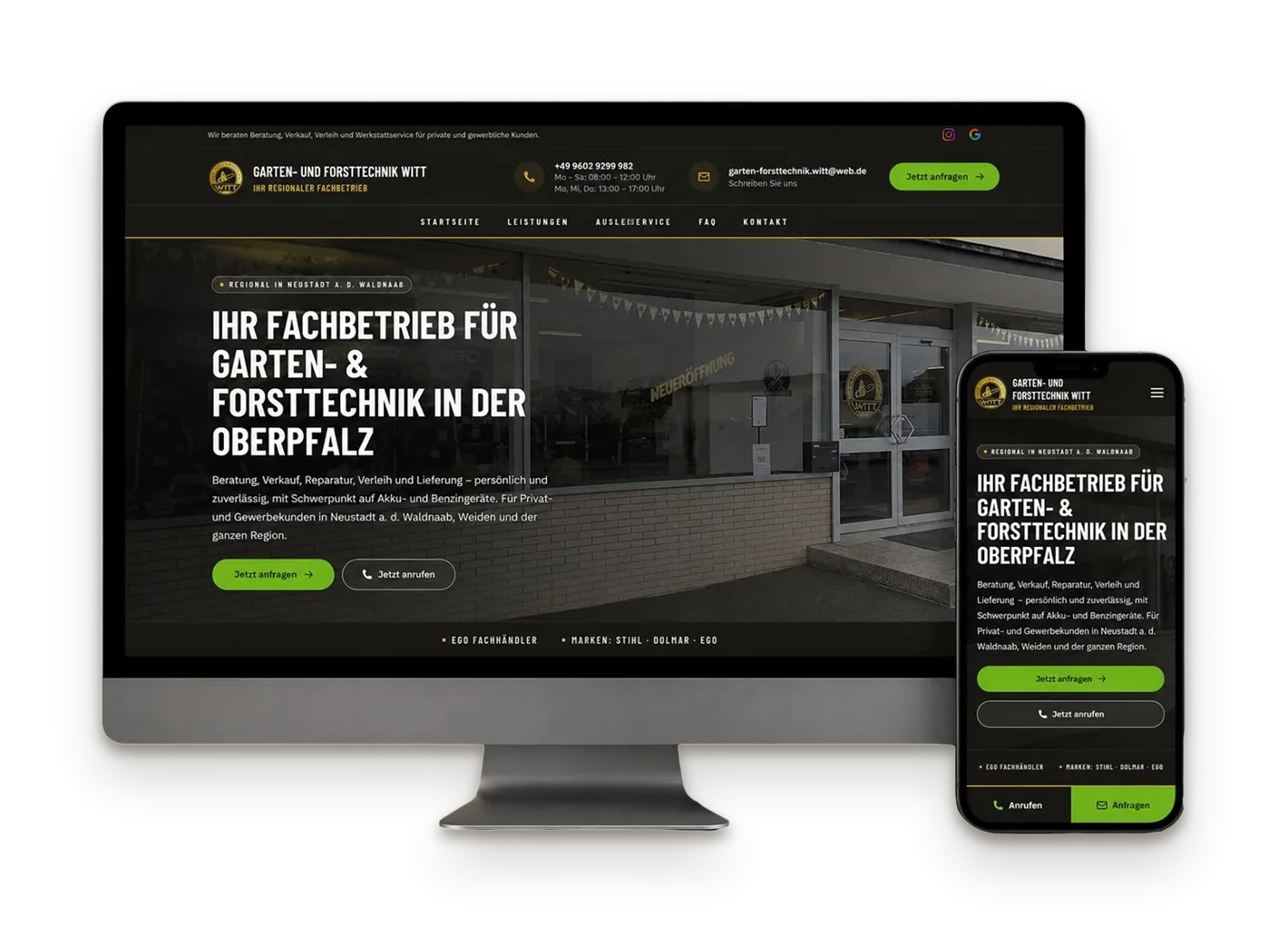 Website von Garten- und Forsttechnik Witt auf Desktop und Smartphone, dunkle Startseite mit Ladenansicht im Hero