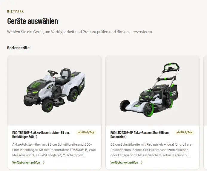 Der Mietpark auf gartentechnik-witt.de: Gerätekarten mit Bild, Beschreibung, Tagespreis und dem Link „Verfügbarkeit prüfen“, hier Akku-Rasentraktor und Akku-Rasenmäher.