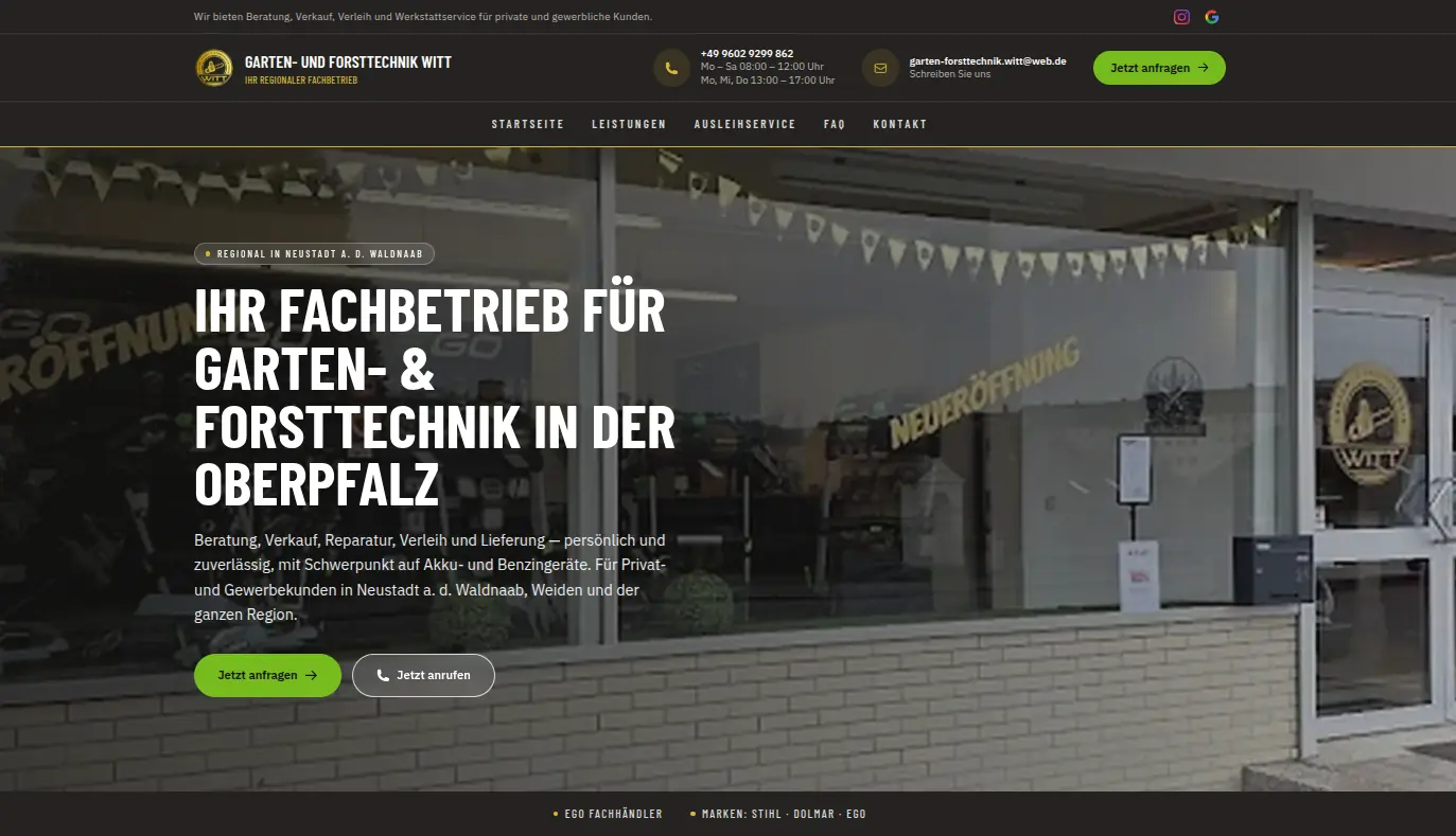 Startseite von gartentechnik-witt.de: In der Kopfleiste stehen Telefonnummer, Öffnungszeiten und E-Mail, darunter der Auftakt mit dem Ladengeschäft, dem Leistungsbild „Beratung, Verkauf, Reparatur, Verleih und Lieferung“ und der Markenzeile „EGO Fachhändler, Marken: Stihl, Dolmar, EGO“.