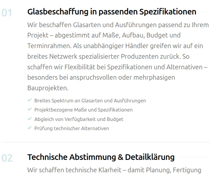 Der Leistungsblock auf stempfle-glas.de: Punkt 01 „Glasbeschaffung in passenden Spezifikationen“ mit Beschreibung und vier Merkmalen, darunter beginnt Punkt 02 „Technische Abstimmung & Detailklärung“.
