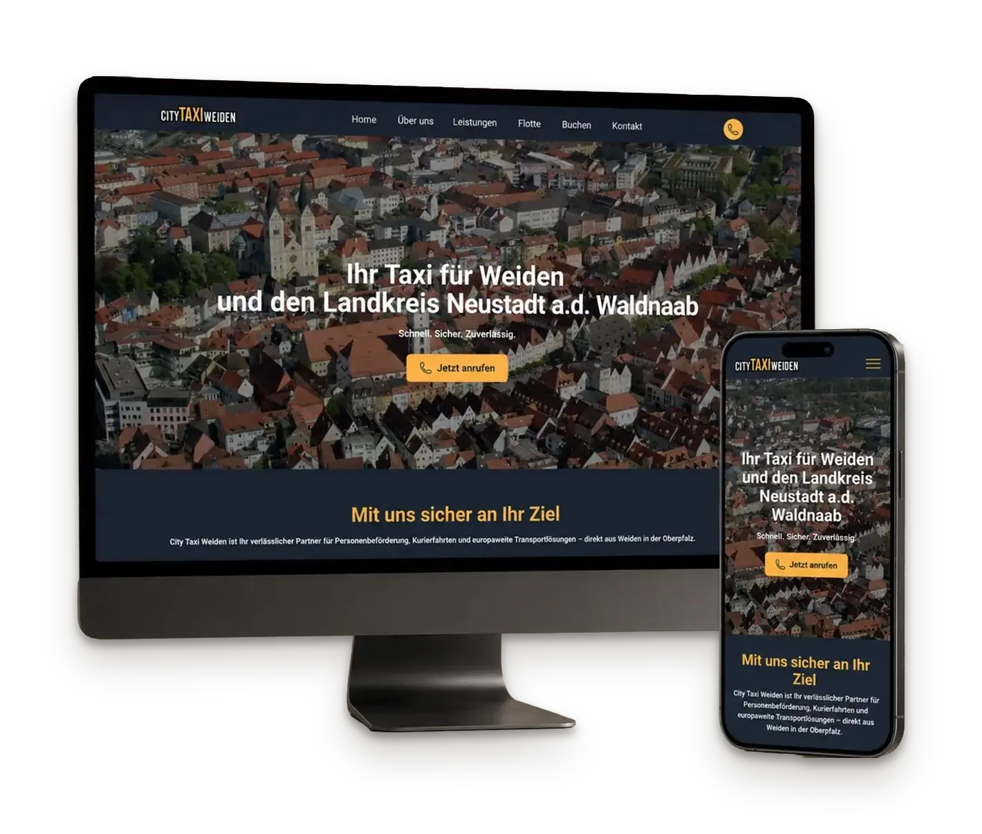 Website von City Taxi Weiden auf Desktop und Smartphone, Startseite mit Luftbild von Weiden und Telefon-Buchung im Hero