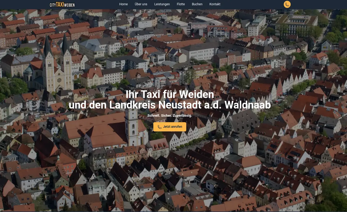 Startseite von weiden-taxi.de: Luftbild von Weiden mit der Überschrift „Ihr Taxi für Weiden und den Landkreis Neustadt a.d. Waldnaab“ und der Schaltfläche „Jetzt anrufen“ direkt darunter.