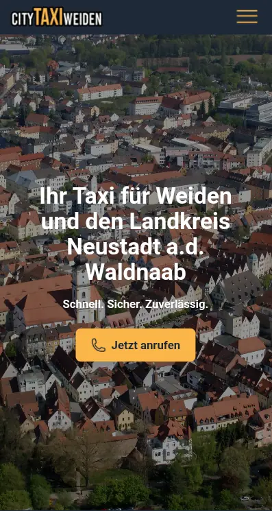 Startseite von weiden-taxi.de auf dem Smartphone: die Schaltfläche „Jetzt anrufen“ steht ohne Scrollen im sichtbaren Bereich.